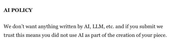 AI submission guidelines screenshot from Okay Donkey Magazine