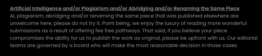 AI submission guidelines screenshot from Raleigh Review