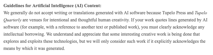 AI submission guidelines screenshot from Tupelo Quarterly