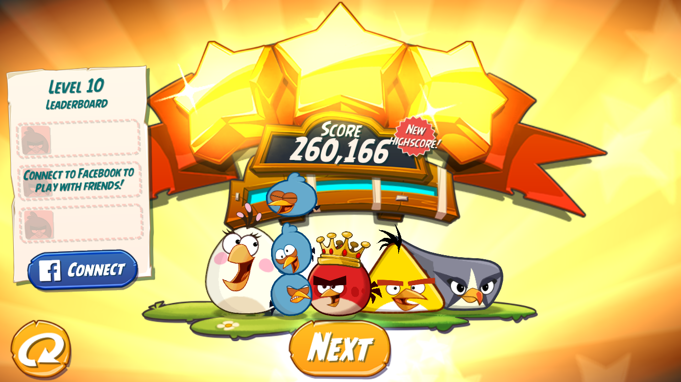 Screenshot of Angry Birds game showing a new high score and a Connect to Facebook button