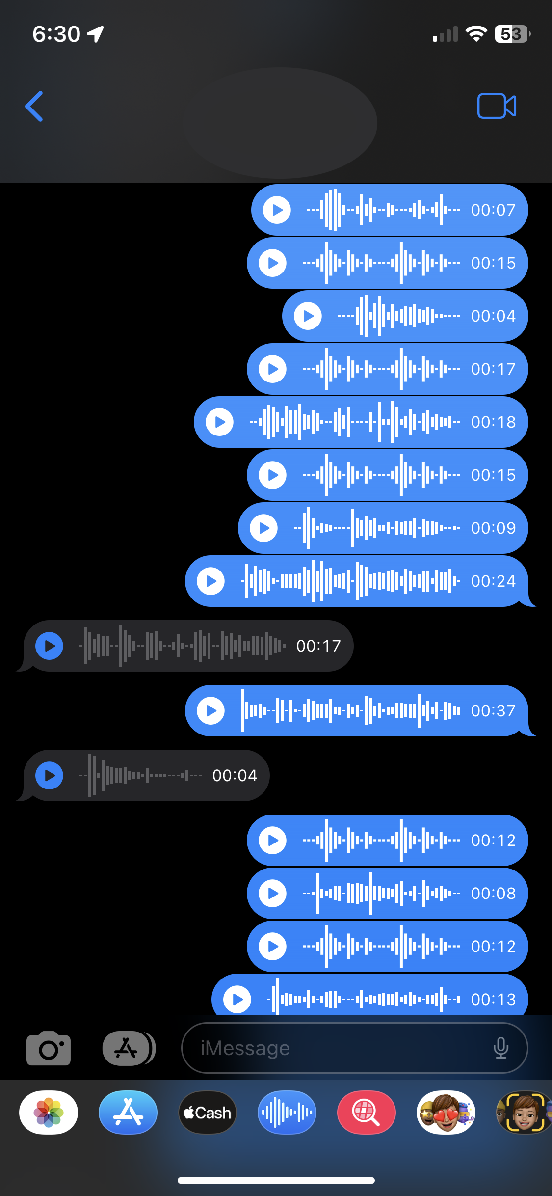 Screenshot of an iMessage conversation conducted entirely through audio messages