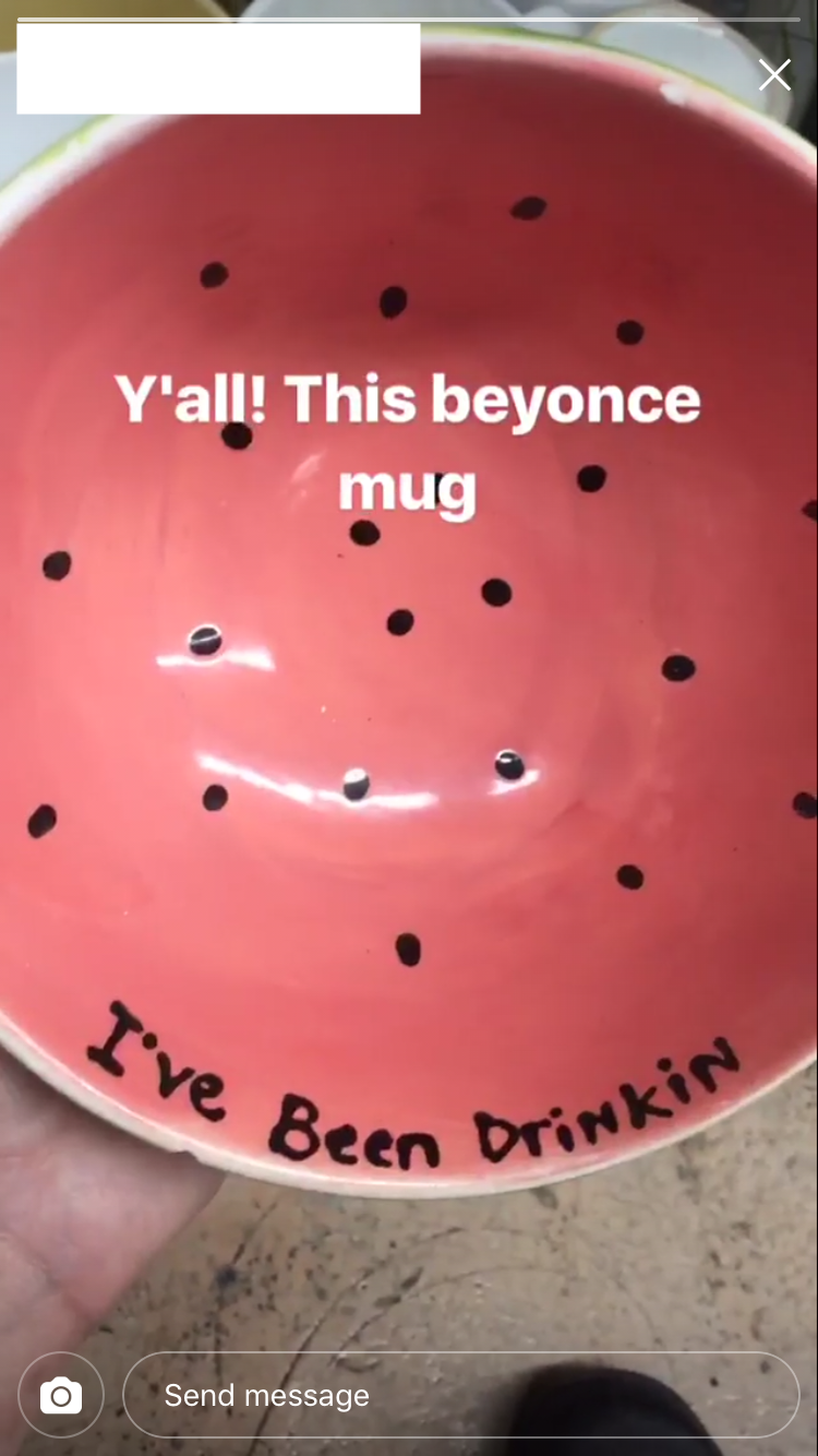 Screenshot of an Instagram story showing a handmade ceramic mug shaped like a watermelon half
