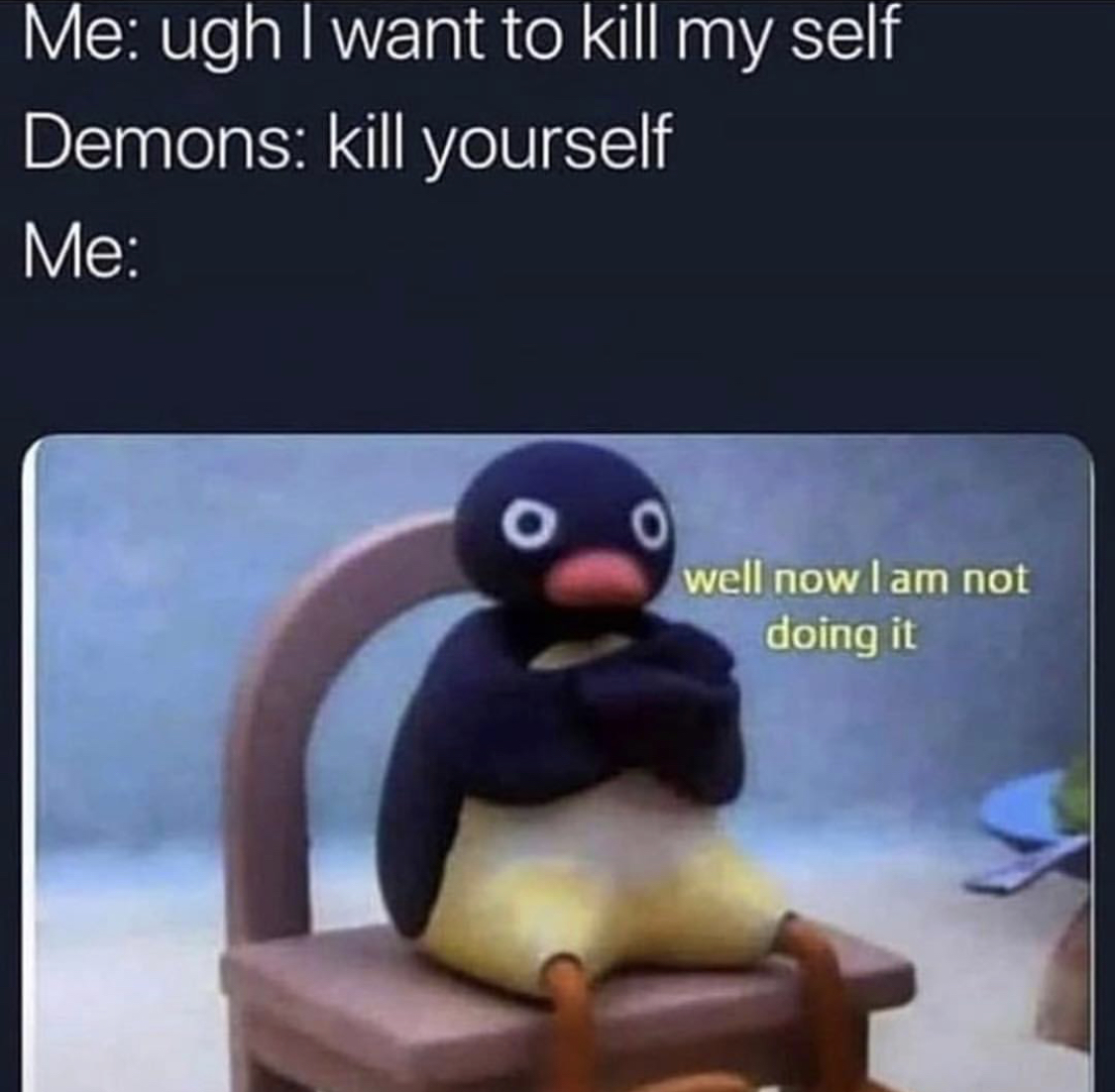 Meme of Pingu the penguin sitting with arms crossed and a frown