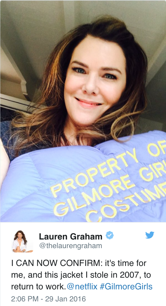 Screenshot of Lauren Graham's Instagram post announcing the Gilmore Girls reboot