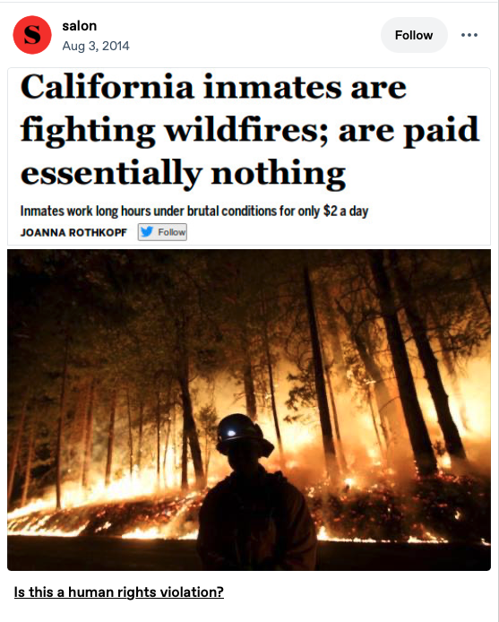 A screenshot of a headline about inmates fighting California fires.