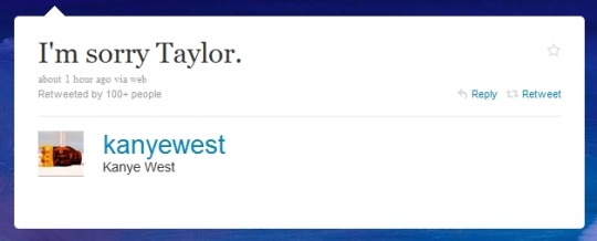 A screenshot of a Kanye West tweet where he apologizes to Taylor Swift